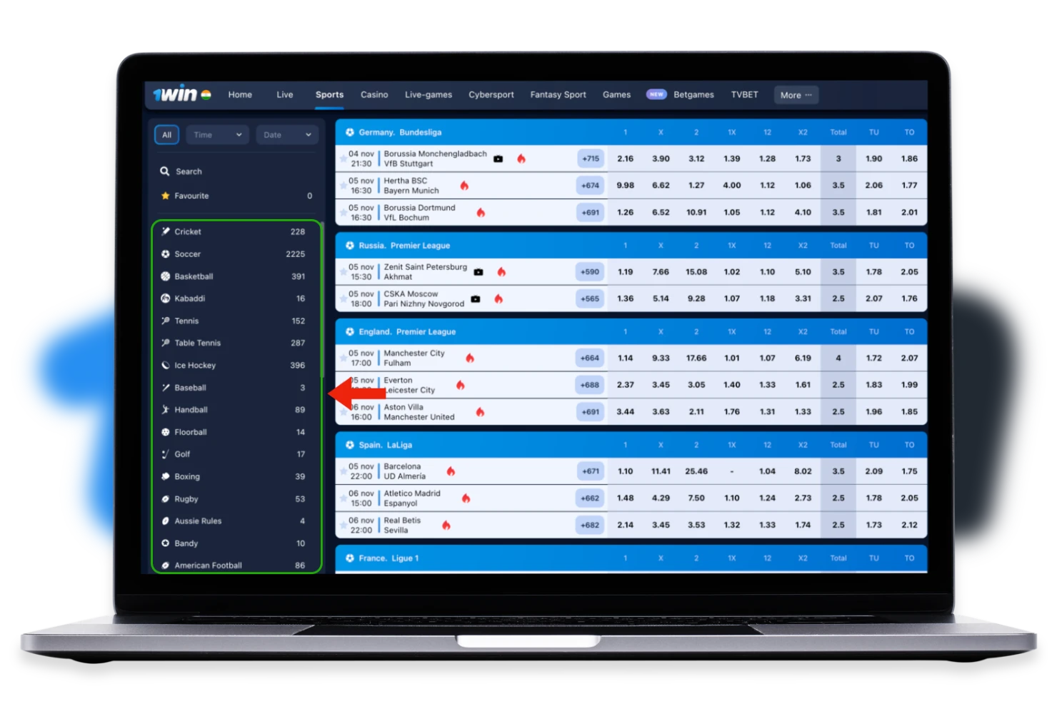 Select the sport discipline and match on which you want to bet at 1win